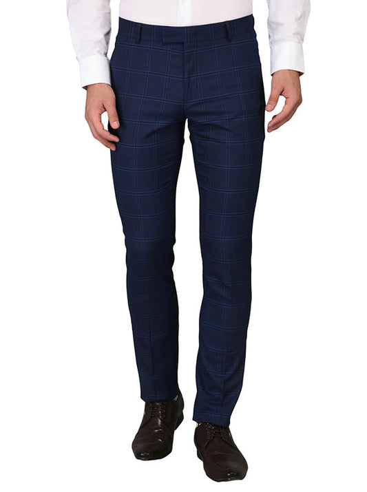 Greenfibre Navy Blue Chequered Slim Fit Formal Trouser