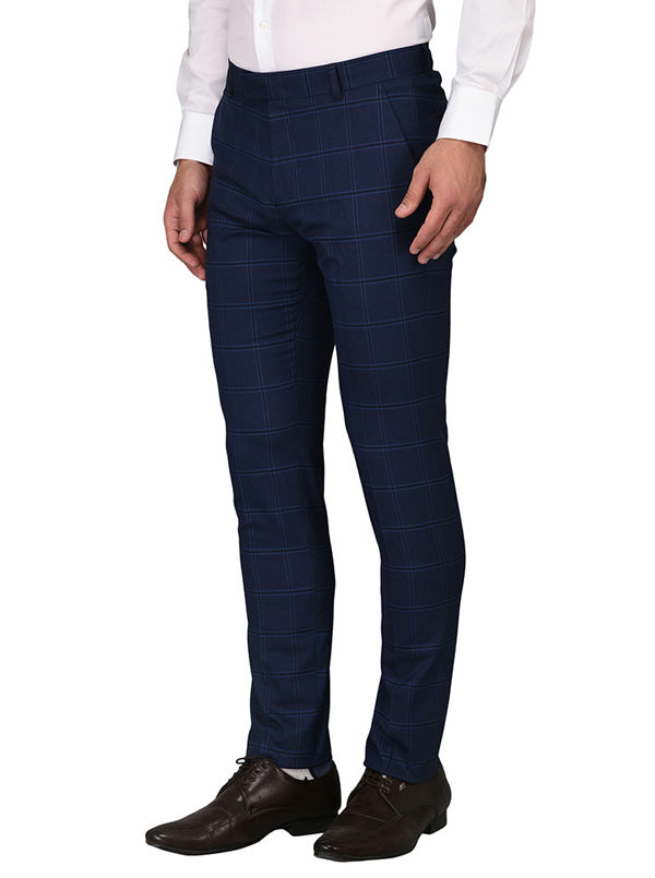 Greenfibre Navy Blue Chequered Slim Fit Formal Trouser