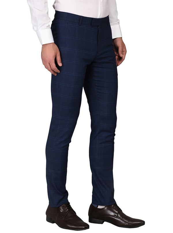 Greenfibre Navy Blue Chequered Slim Fit Formal Trouser