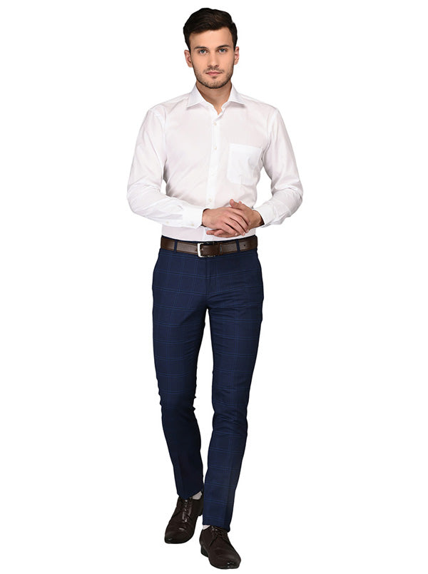 Greenfibre Navy Blue Chequered Slim Fit Formal Trouser