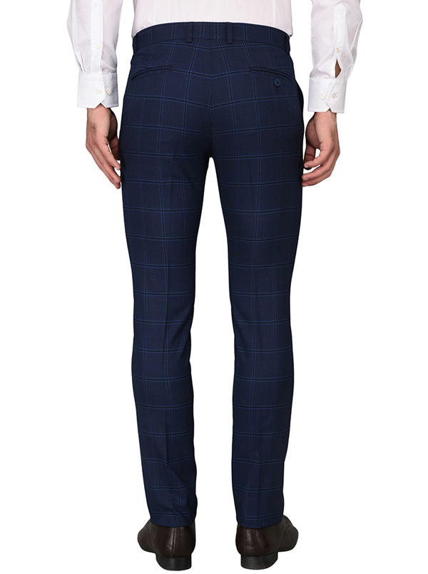 Greenfibre Navy Blue Chequered Slim Fit Formal Trouser