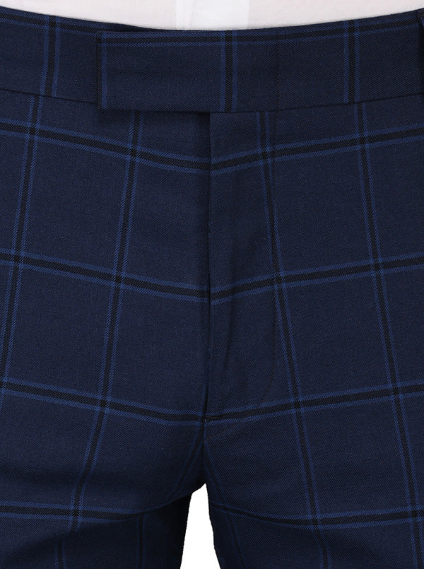 Greenfibre Navy Blue Chequered Slim Fit Formal Trouser