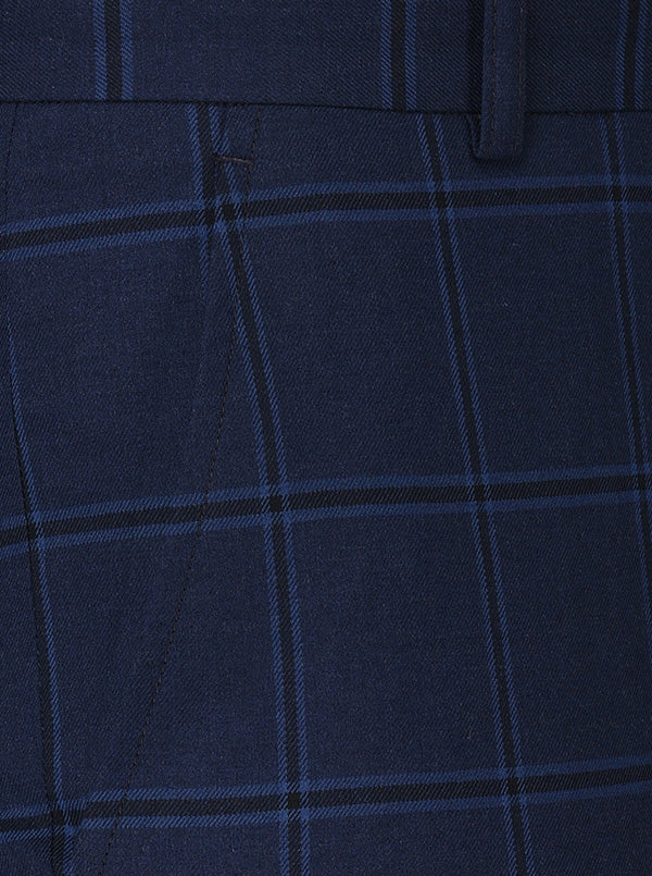 Greenfibre Navy Blue Chequered Slim Fit Formal Trouser