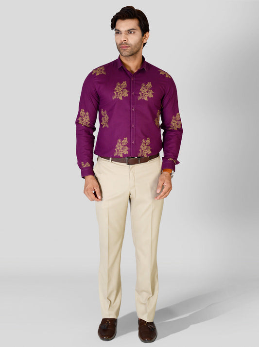 Magenta Printed Slim Fit Party Wear Shirt | JB Studio