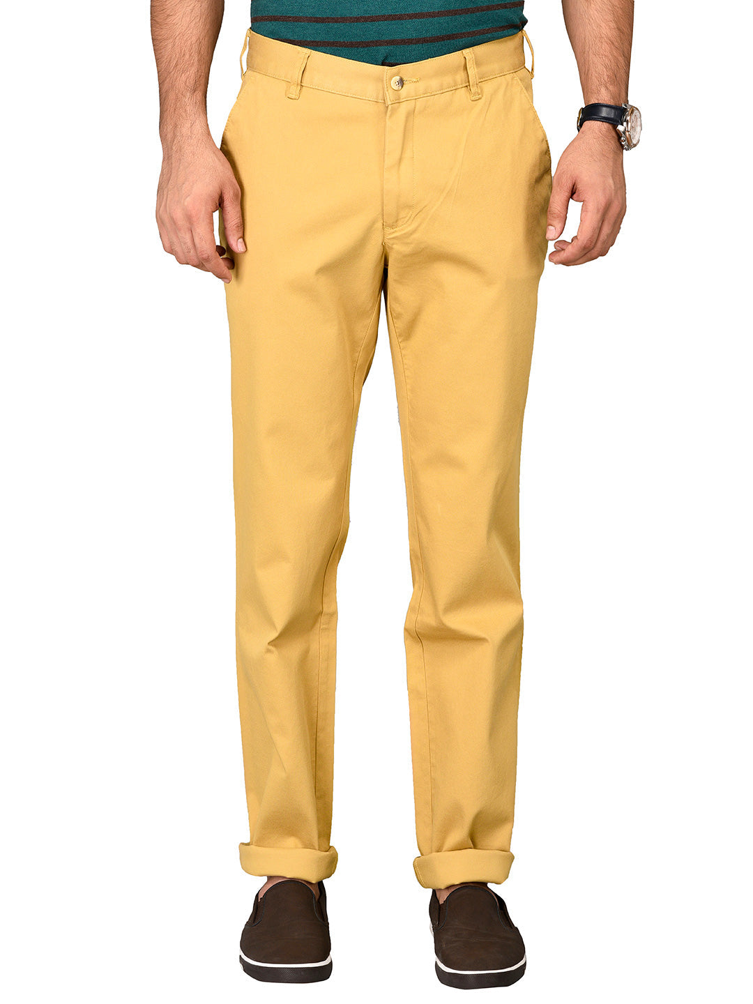 Greenfibre Golden Khaki Self Textured Slim Fit Trouser