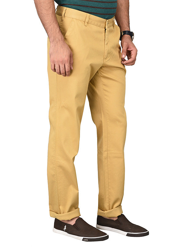 Greenfibre Golden Khaki Self Textured Slim Fit Trouser