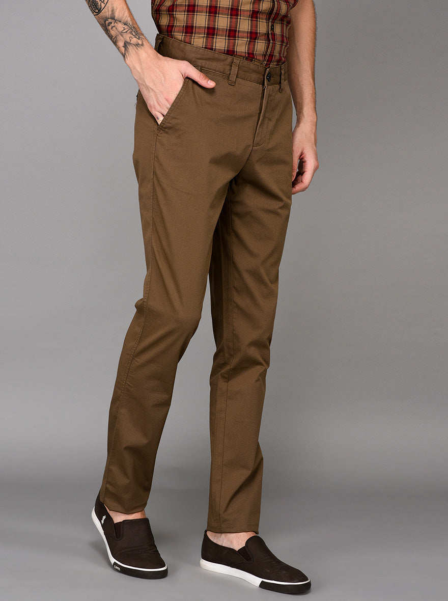 JadeBlue Brown Self Textured Slim Fit Chinos