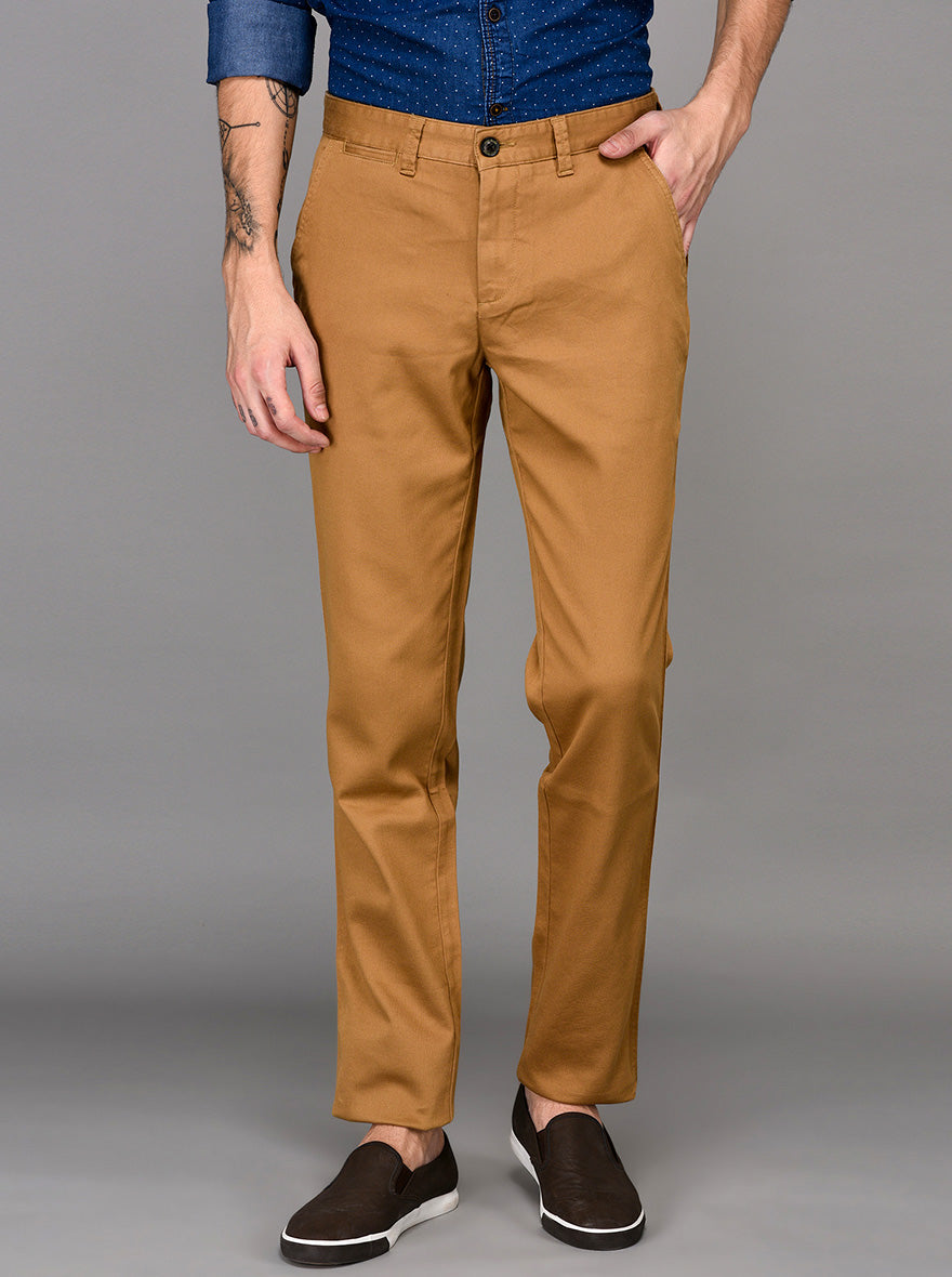 JadeBlue Khaki Self Textured Slim Fit Chinos