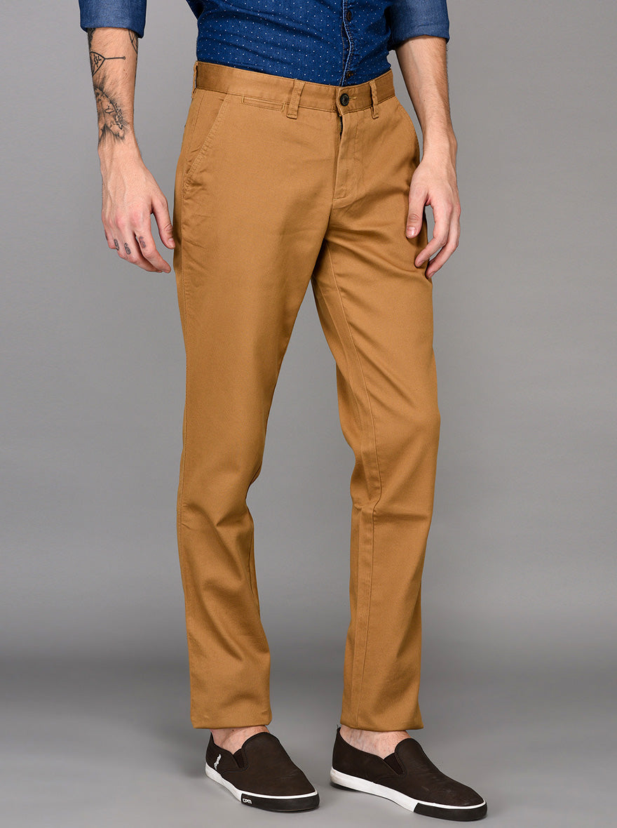 JadeBlue Khaki Self Textured Slim Fit Chinos