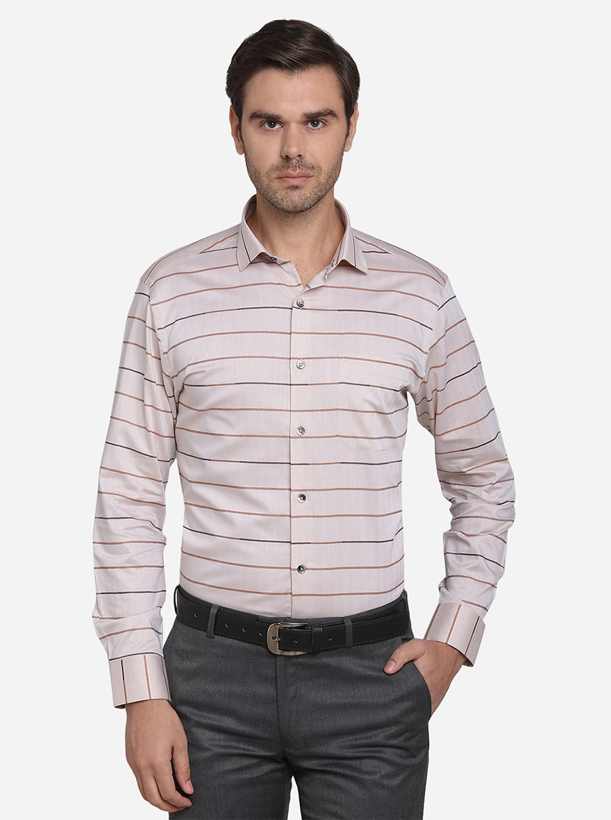 Beige & Brown Striped Slim Fit Formal Shirt | Metal