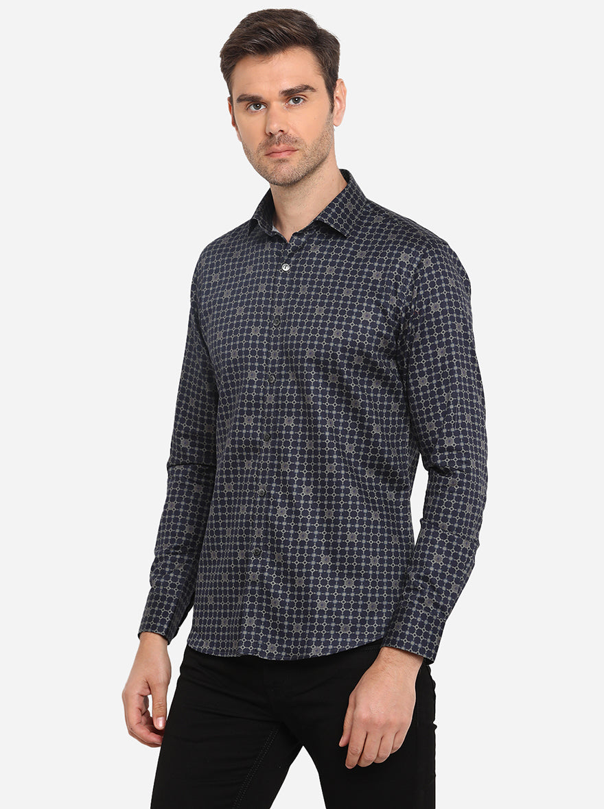 Dark Blue Printed Slim Fit Party Wear Shirt | Wyre