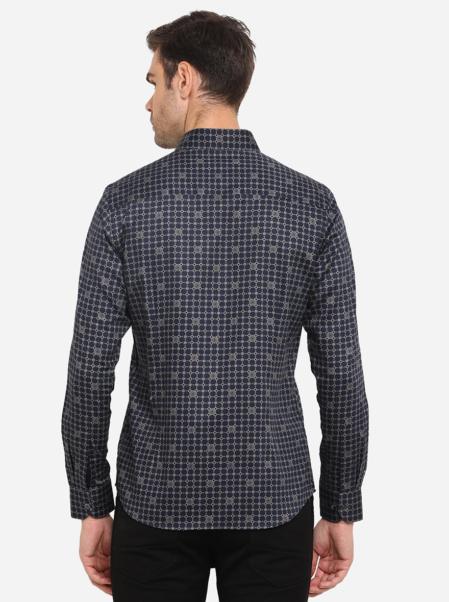 Dark Blue Printed Slim Fit Party Wear Shirt | Wyre