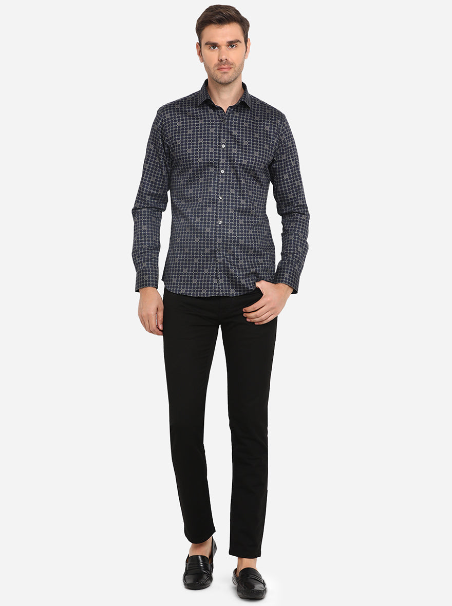 Dark Blue Printed Slim Fit Party Wear Shirt | Wyre