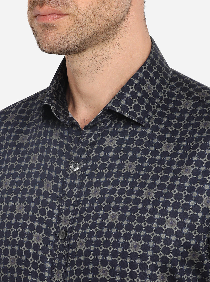 Dark Blue Printed Slim Fit Party Wear Shirt | Wyre