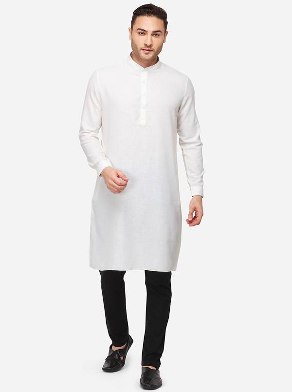 Off-White Self Textured Regular Fit Modi Kurta | JadeBlue