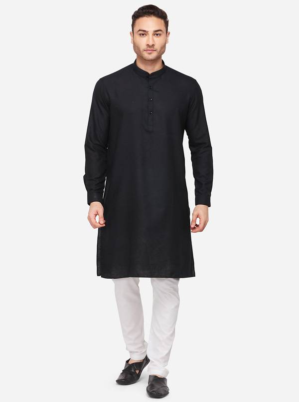 Black Self Textured Regular Fit Modi Kurta | JadeBlue