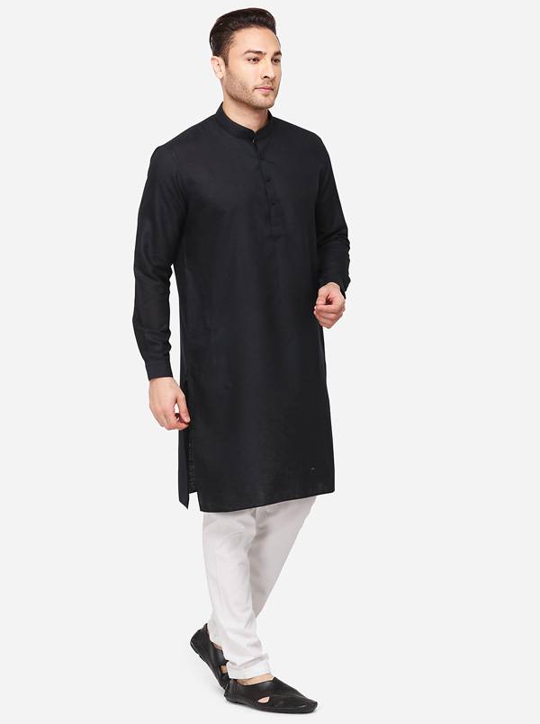 Black Self Textured Regular Fit Modi Kurta | JadeBlue