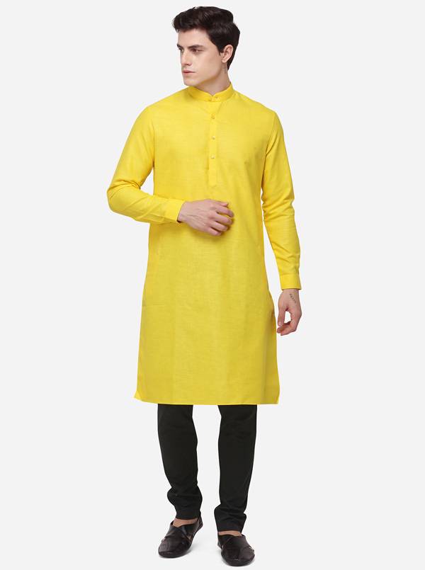 Yellow Self Textured Regular Fit Modi Kurta | JadeBlue