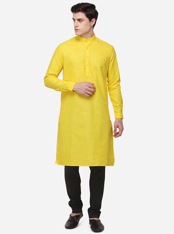 Yellow Self Textured Regular Fit Modi Kurta | JadeBlue