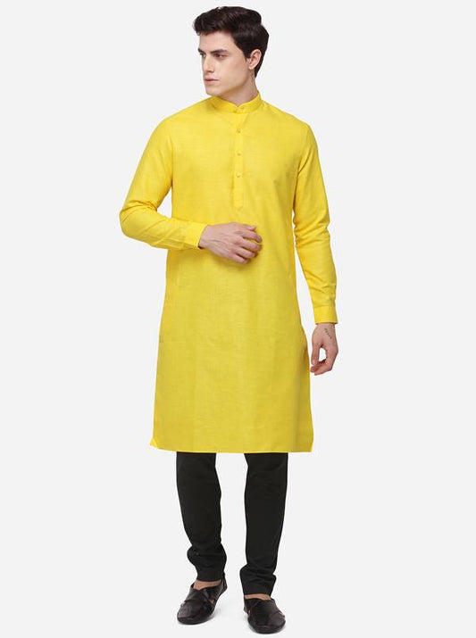 Yellow Self Textured Regular Fit Modi Kurta | JadeBlue