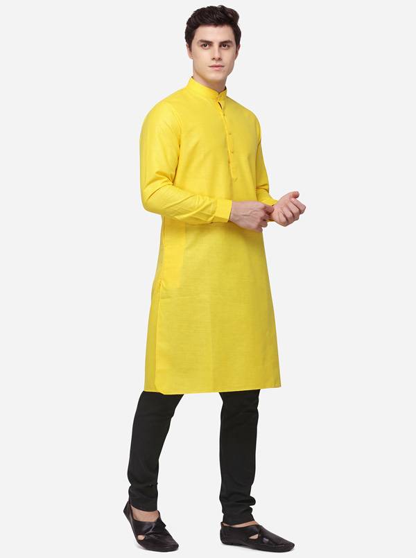 Yellow Self Textured Regular Fit Modi Kurta | JadeBlue