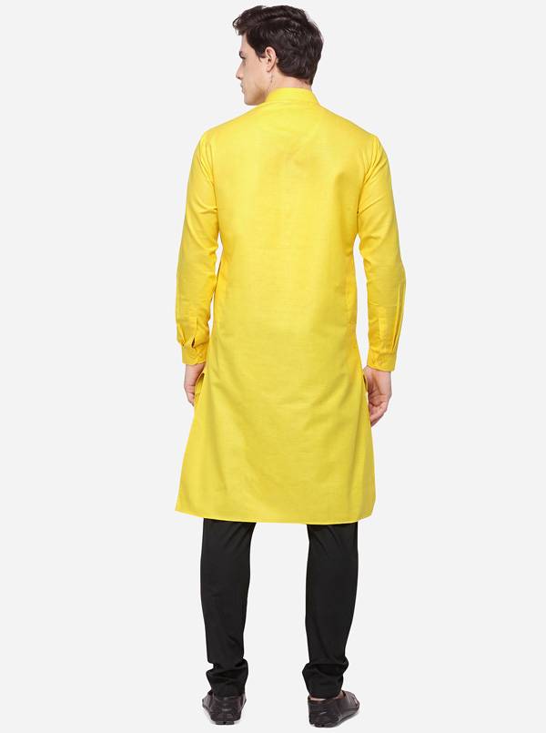 Yellow Self Textured Regular Fit Modi Kurta | JadeBlue