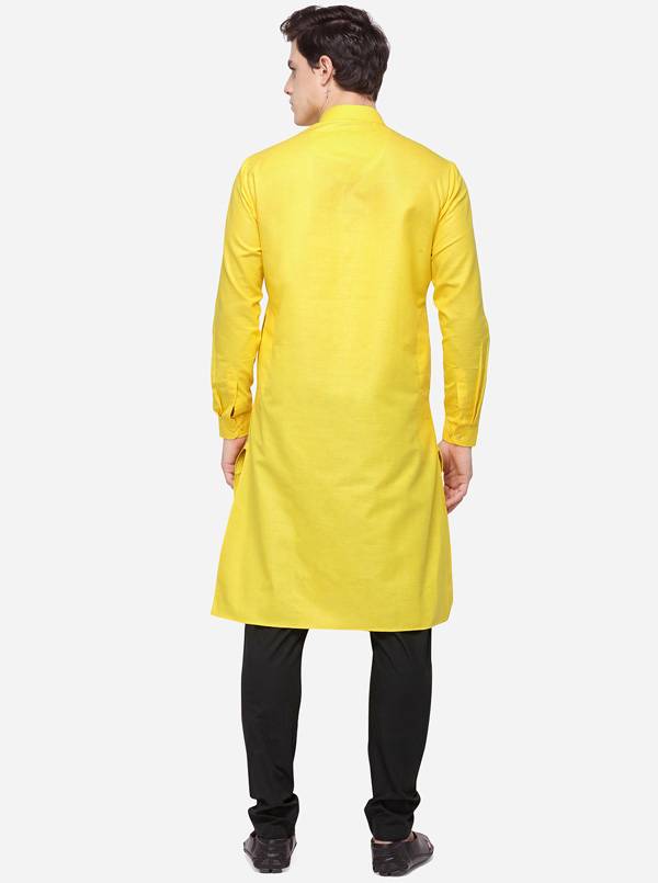 Yellow Self Textured Regular Fit Modi Kurta | JadeBlue