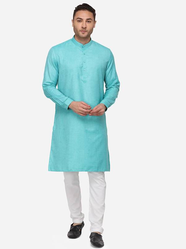 Sky Blue Self Textured Regular Fit Modi Kurta | JadeBlue