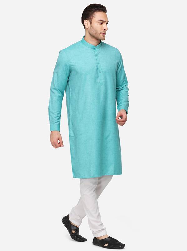 Sky Blue Self Textured Regular Fit Modi Kurta | JadeBlue