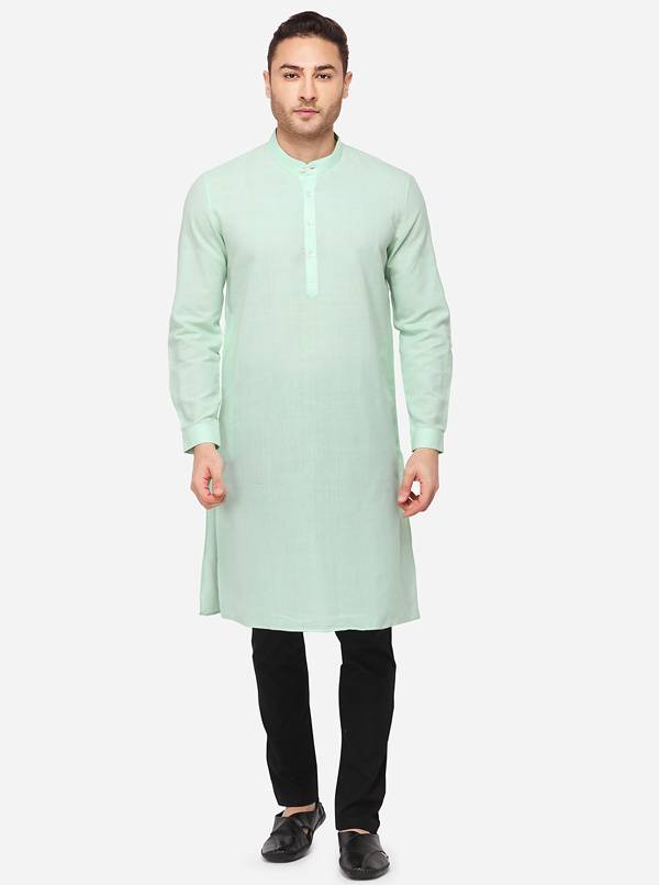 Ice Green Self Textured Regular Fit Modi Kurta | JadeBlue