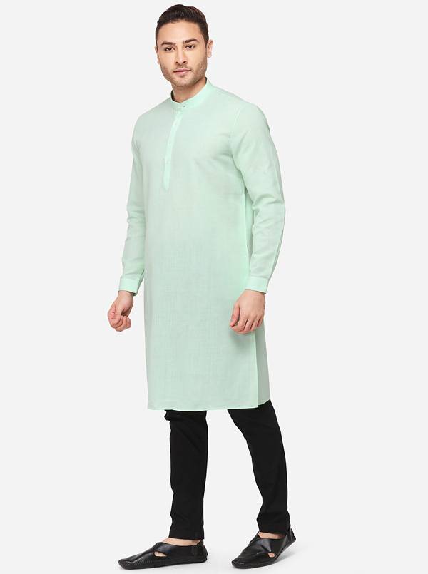 Ice Green Self Textured Regular Fit Modi Kurta | JadeBlue