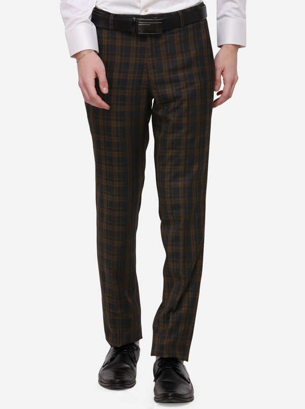 Brown & Blue Checked Slim Fit Formal Trouser | JB Studio