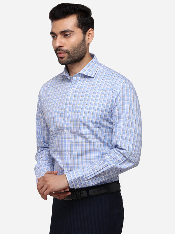 Blue & White Checked Slim Fit Formal Shirt | JadeBlue