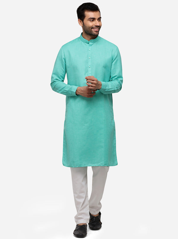 Sea Green Self Textured Regular Fit Modi Kurta | JadeBlue