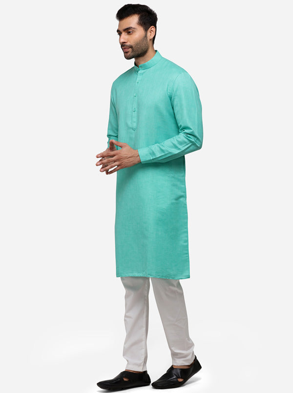 Sea Green Self Textured Regular Fit Modi Kurta | JadeBlue