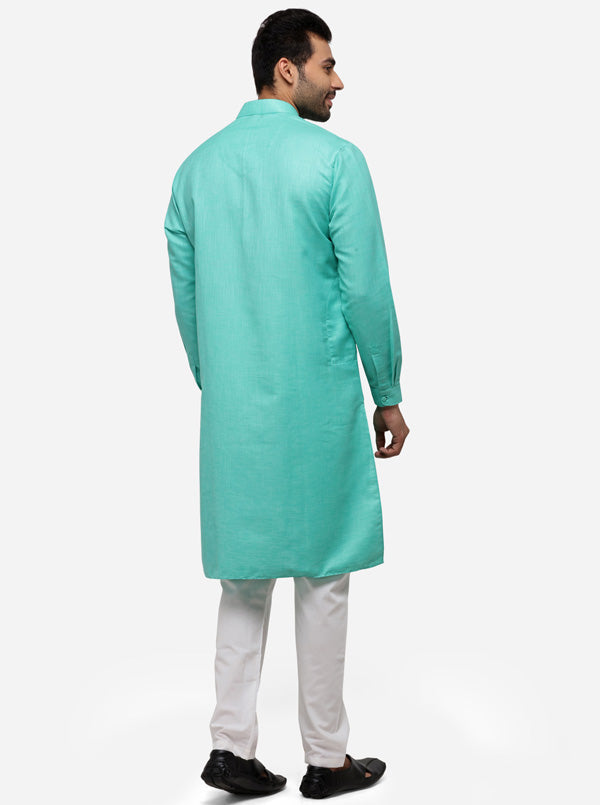 Sea Green Self Textured Regular Fit Modi Kurta | JadeBlue