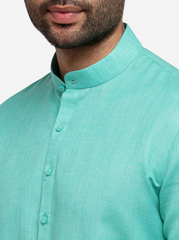 Sea Green Self Textured Regular Fit Modi Kurta | JadeBlue