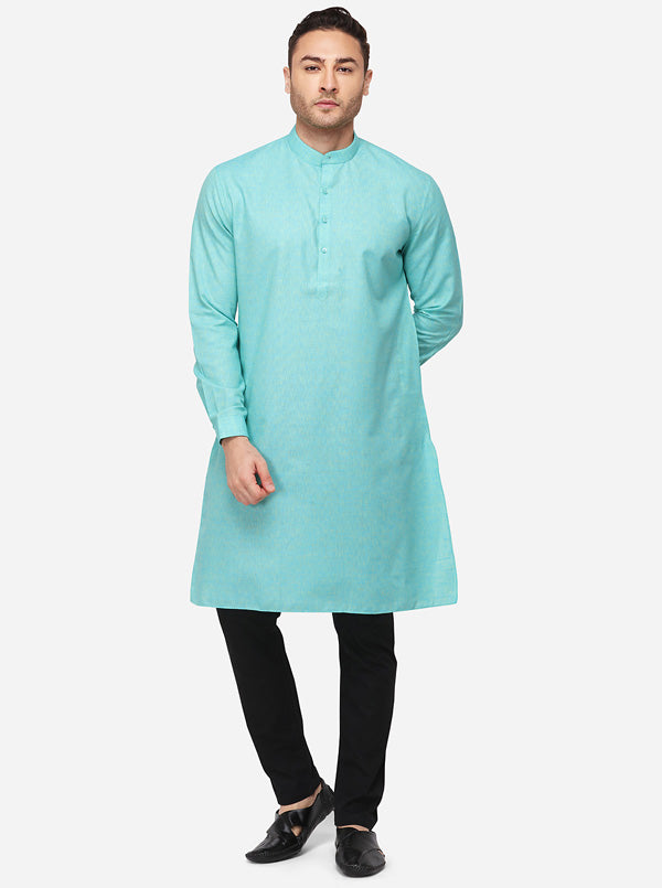 Turquoise Blue Self Textured Regular Fit Modi Kurta | JadeBlue