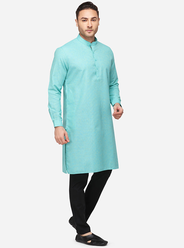 Turquoise Blue Self Textured Regular Fit Modi Kurta | JadeBlue