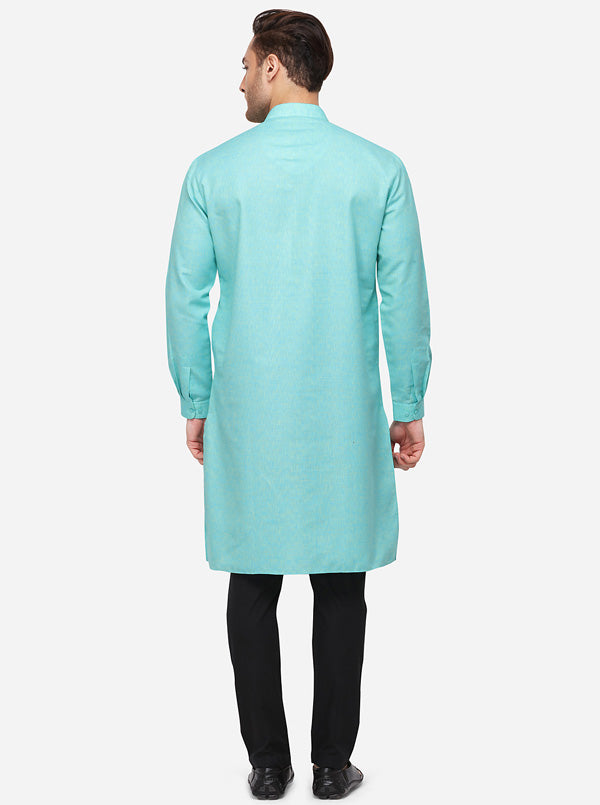 Turquoise Blue Self Textured Regular Fit Modi Kurta | JadeBlue