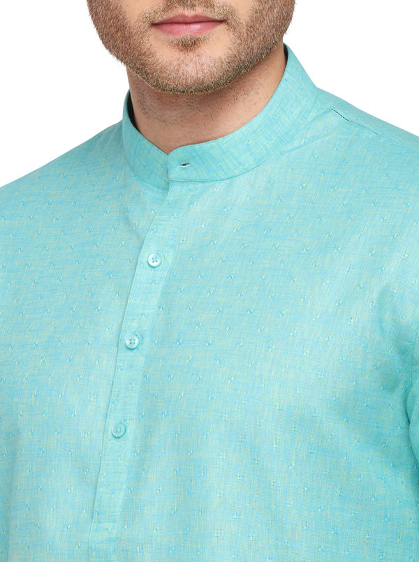 Turquoise Blue Self Textured Regular Fit Modi Kurta | JadeBlue