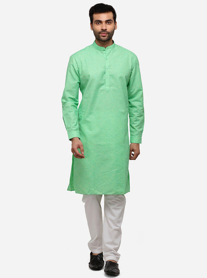 Grass Green Self Textured Regular Fit Modi Kurta | JadeBlue