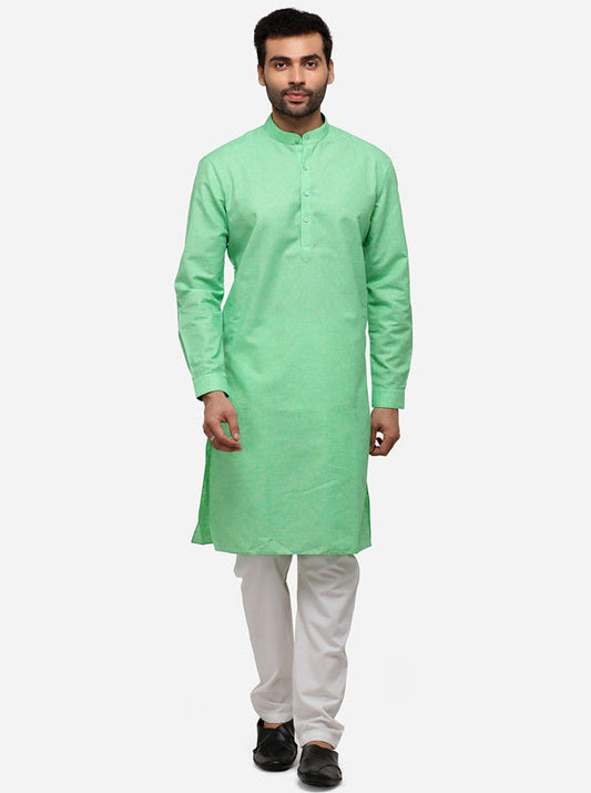 Grass Green Self Textured Regular Fit Modi Kurta | JadeBlue