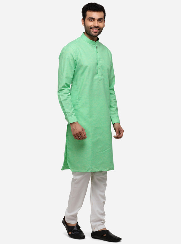 Grass Green Self Textured Regular Fit Modi Kurta | JadeBlue