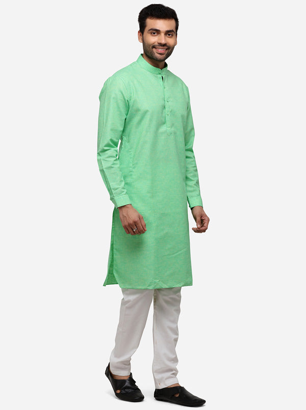 Grass Green Self Textured Regular Fit Modi Kurta | JadeBlue