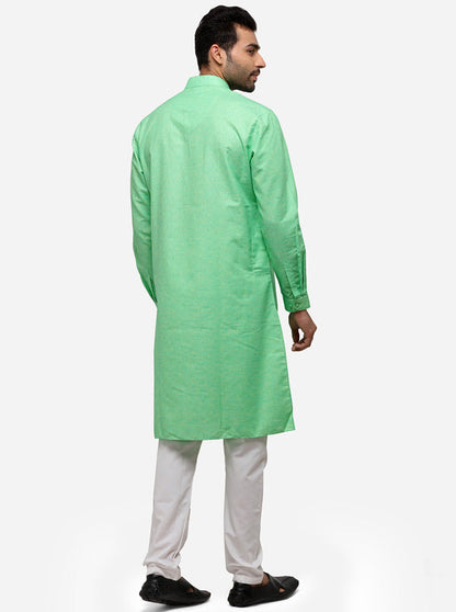 Grass Green Self Textured Regular Fit Modi Kurta | JadeBlue