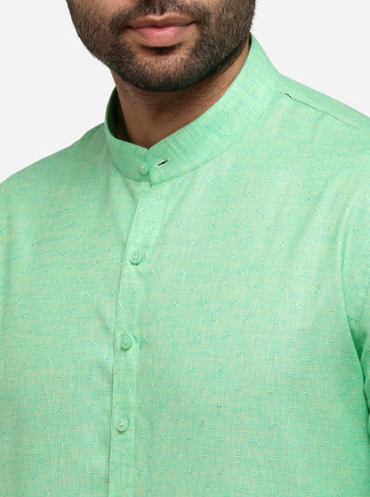 Grass Green Self Textured Regular Fit Modi Kurta | JadeBlue