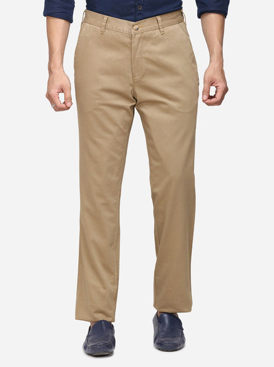 Khaki Solid Slim Fit Casual Trouser | Greenfibre