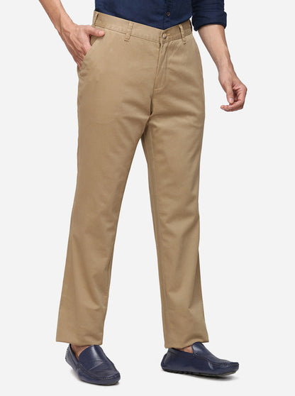 Khaki Solid Slim Fit Casual Trouser | Greenfibre