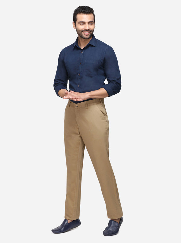 Khaki Solid Slim Fit Casual Trouser | Greenfibre